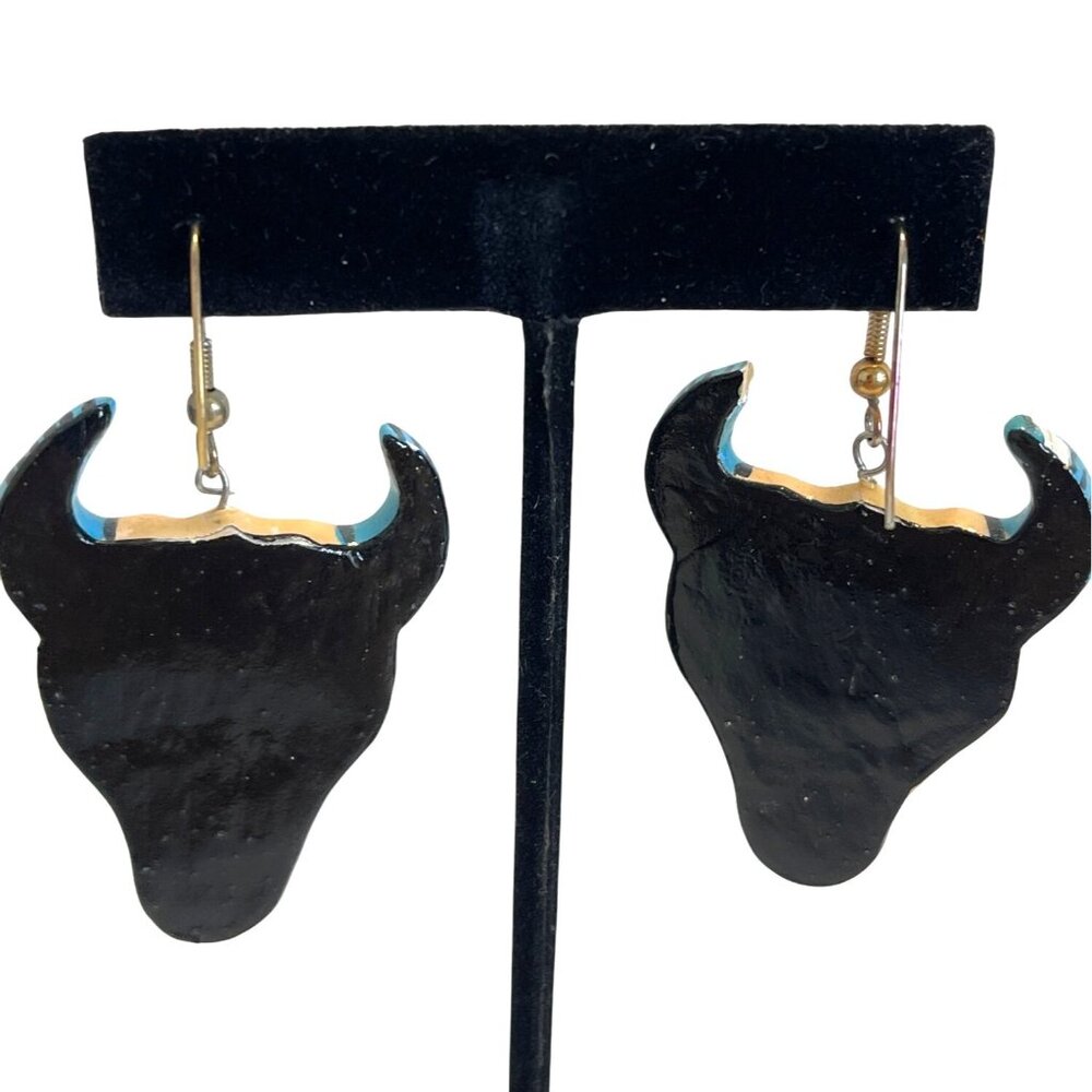 Southwest Western Cow Skull Pin Wire Earrings Set Artisan Painted Brooch READ - Picture 3 of 9